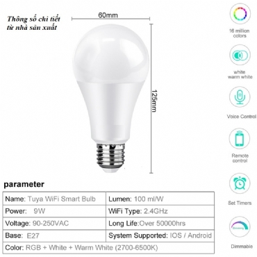 Đèn led bulb thông minh, wifi , đổi màu điều khiển bằng điện thoại